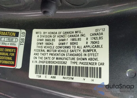 2012 Honda Civic Lx z USA, uszkodzony, nr VIN 2HGFG3B5XCH555362